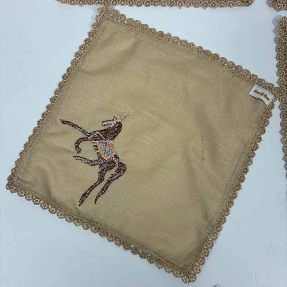 VTG Cocktail Napkins 4 Pc Hand Embroidered Horse Western Derby NEW Rare